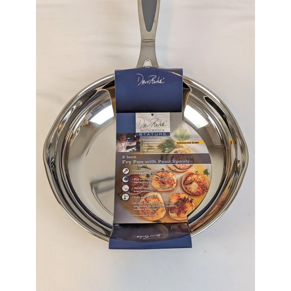 David Burke 8 Inch Stainless Steel Fry Pan with Pour Spouts Restaurateur Stature